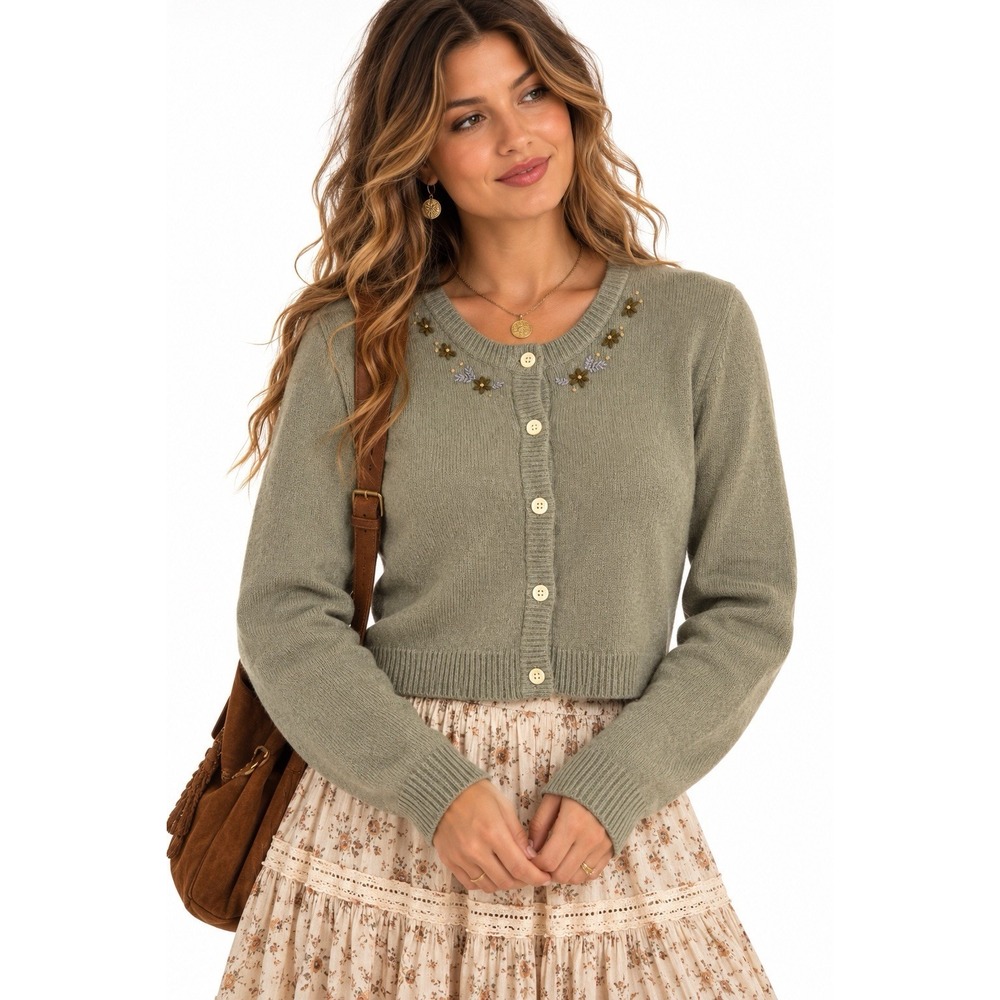 VTG 90s Abercrombie & Fitch Lambswool Cardigan L Embroidered Fairy Cottagecore